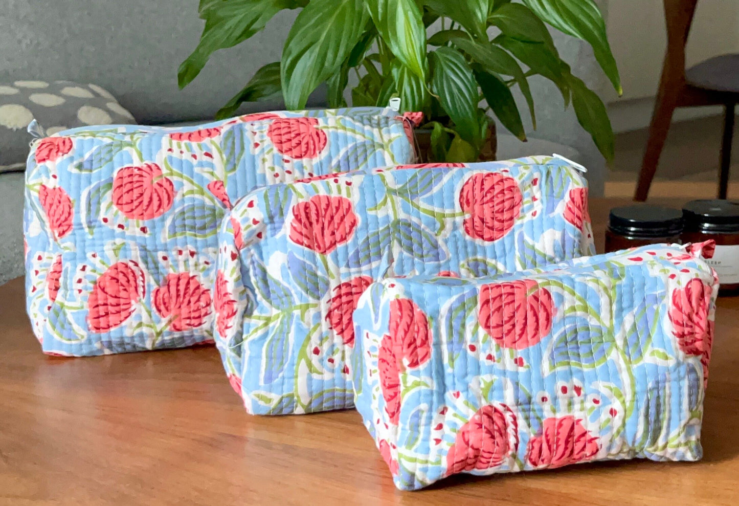 Set of 3 Quilted Toiletry Bags | Stylish hand block-printed cosmetics & travel pouches